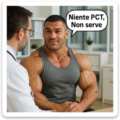 bodybuilder che dice ad una dottore "Niente PCT, Non serve", iper realistica sticker