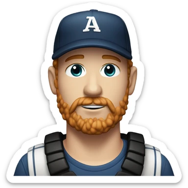 35 years old, male, short curly red hair, black baseball hat, blue eyes, pale complexion, thick beard and thin mustache sticker