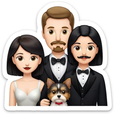 Couple, Tall white man with short brown hair mustache and goatee, small pale woman long with black hair, with yorkie dog and tuxedo cat sticker