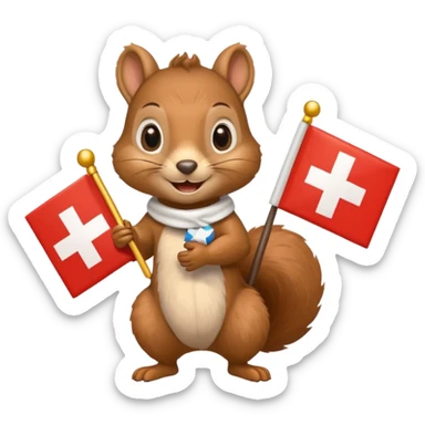 squirrel holding a gift in one hand and a Swiss flag in the other sticker