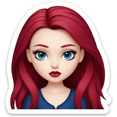 pale skin, girly bratz baddie, beautiful dark blue eyes, sharp black eyeliner, long dark red hair sticker