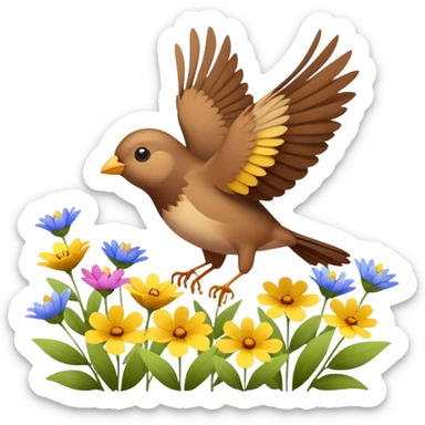 A tiny songbird fluttering its wings above wildflowers. sticker
