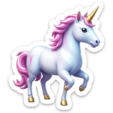Clash of Clans aesthetic: Cinematic Playful Unicorn Mount Emoji, rendered in a 3D vector-style similar to standard emojis with minimal shading and bold, simplified shapes. A compact, isometric majestic unicorn with a spiraled horn and flowing mane, softly glowing with a magical celestial charm. Simplified yet unmistakably iconic, highly detailed and consistent, glowing with a soft radiant brilliance and high shine. Stylized with a touch of enchanted fantasy and a soft glowing outline, capturing the essence of a mythical mount with a friendly, playful elegance! sticker