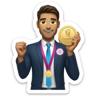 Handsome brunette man triumphantly holding a Olympic gold medal sticker