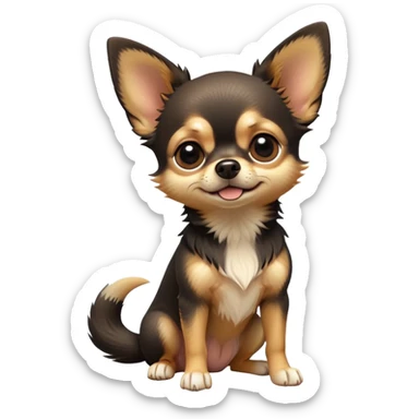 cinematic-[chihuahua dog]-realistic-full-body-sitting-emoji,-tail-resting-loosely-beside-its-paws,-head-tilted-dramatically,-scruffy-[black and tan]-fur,-simplified-yet-realistic-focused-features,-highly-detailed,-glowing-with-an-almost-sarcastic-glow sticker