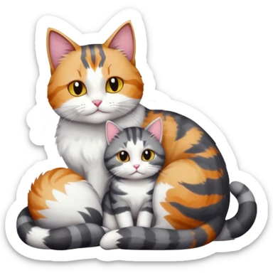 full body colourful light patched calico + white tabby cat cuddling a bigger cat that is dark grey and white tabby cat  sticker