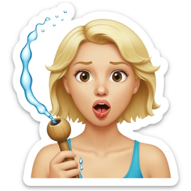 blond woman biting a wide stick with a round knob, both the same color as her skin, the knob has visible skin texture, water jet shooting from the knob into her mouth, surprised look sticker