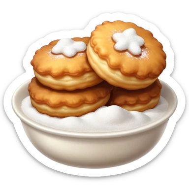 Buñuelo Cinematic Realistic Buñuelo Dessert Emoji, depicted as perfectly round, fluffy fritters served in a small bowl with a dusting of powdered sugar, rendered with vibrant textures and warm, inviting lighting. sticker