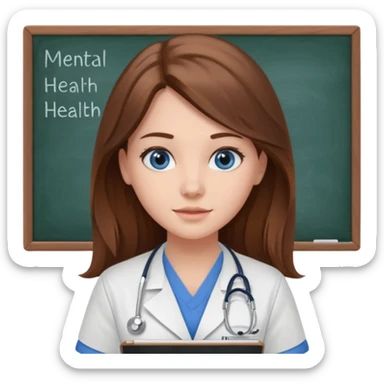 university classroom that says Mental Health Nursing on the blackboard with a pretty female nursing student with long brown hair, blue eyes sticker