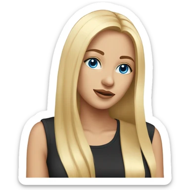 beautiful woman, long straight blonde hair, blue eyes, black t shirt sticker