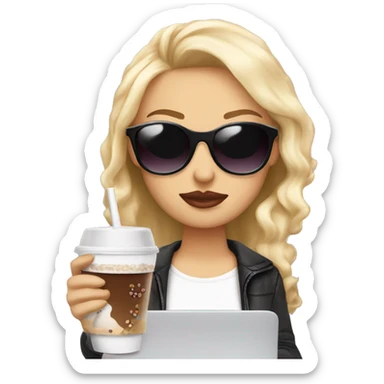 blonde girl+laptop+coffee+sunglasses+lipstick+bubble-tea sticker