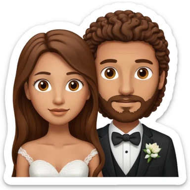 wedding couple woman with long straight brown hair and eyes man with long brown curly hair and facial hair sticker