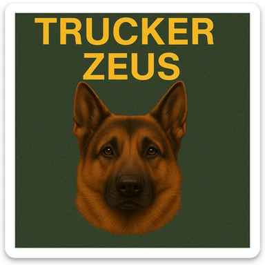 Further compress the image to reduce file size as much as possible while keeping transparency, realistic German Shepherd, and yellow 'Trucker Zeus' text. sticker