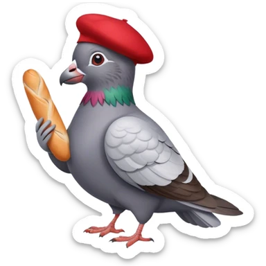 French pigeon holding a baguette and wearing a beret sticker