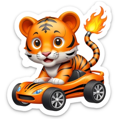 cute tiger holding toy hot wheel car with wheels on fire sticker