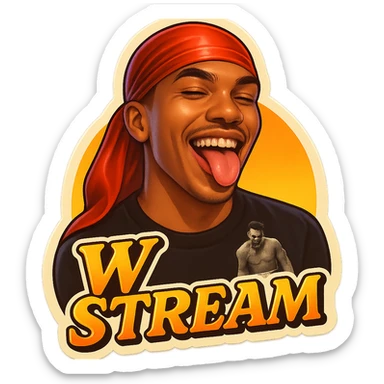 Make him Smiling with tongue sticking 
Change His durag To Red
Add the words W Stream sticker