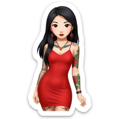 Beautiful Asian girl with long black hair and body tattoos wearing a red dress sticker