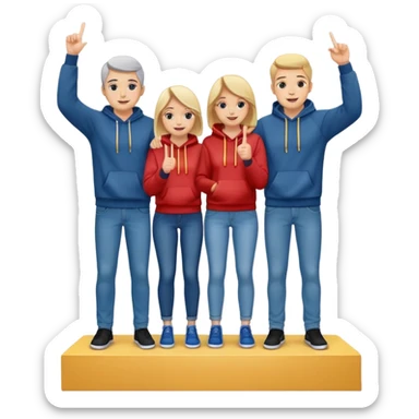 three people in jeans and hoodies on a winners podium with no numbers, middle step higher, center person holds up one finger on each hand, bright cheerful expressive emoji illustration sticker
