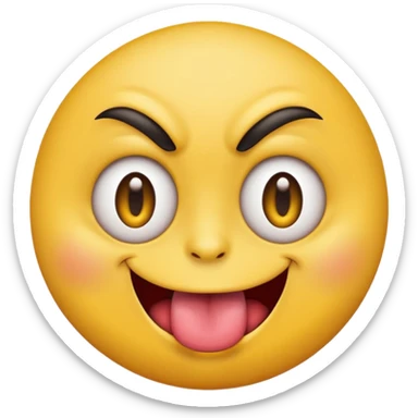 A yellow round face emoji smirking with its tounge out but the eyes are evil and kind of crazy and only one of the eyebrows is raised higher than the other eyebrow sticker