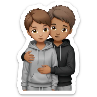 A boy with light brown skin and short messy brown hair  is hugging a girl with light brown skin and short hair.They are both wearing a black hoodie and grey sweatpants sticker