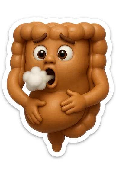 emoji stile iphone di un intestino che ingoia una nuvoletta di aria ben visibile e gli si gonfia la pancia, iperrealistico 4k sticker
