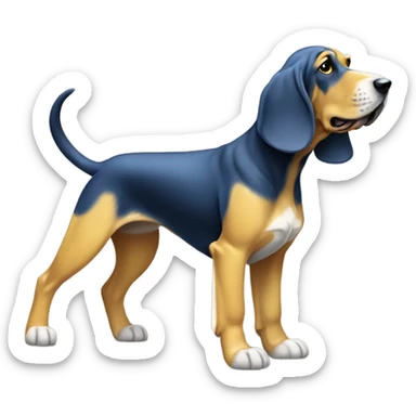A Blue and yellow bloodhound dog standing on all fours, with a white flag attached to its tail. sticker