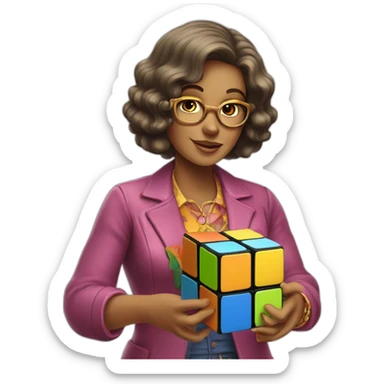 70s woman solving a rubix cube sticker
