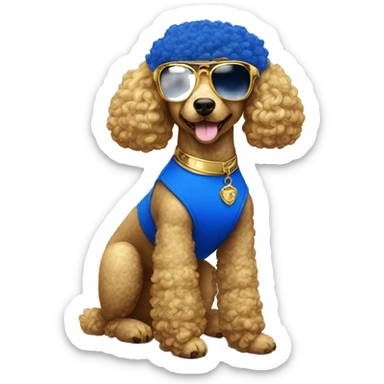 Royal Blue and gold poodle wearing big royal blue and gold sunglasses  sticker