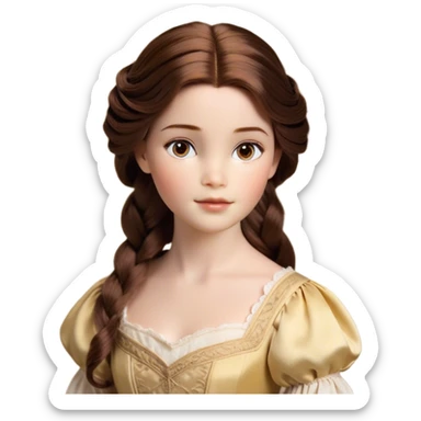 Cinematic Realistic Belle Portrait, depicted with lifelike skin texture, soft natural lighting, and intricately detailed brown hair styled elegantly. Her deep, expressive eyes exude warmth and intelligence, complemented by a serene and graceful expression. She is dressed in her classic attire, with rich fabric textures and delicate folds that catch the light beautifully. The portrait features a soft, enchanting glow with a natural, radiant finish, capturing the essence of timeless beauty in a realistic and painterly style, evoking a sense of depth and authenticity. sticker