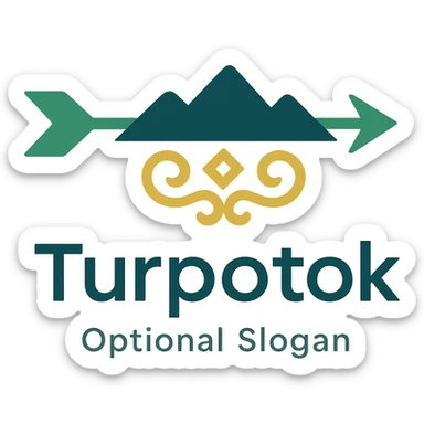 Modern minimalist logo for Turpotok with a stylized Kurai arrow, Ural Mountains silhouette, and subtle Bashkir ornamentation. Text 'Turpotok' in a modern sans-serif font with optional slogan. Color palette reflecting Bashkir culture and natural beauty sticker
