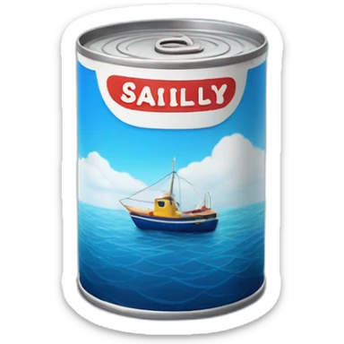 Realistic small can of tuna showing the blue shape of a sailling boat on a sea background sticker