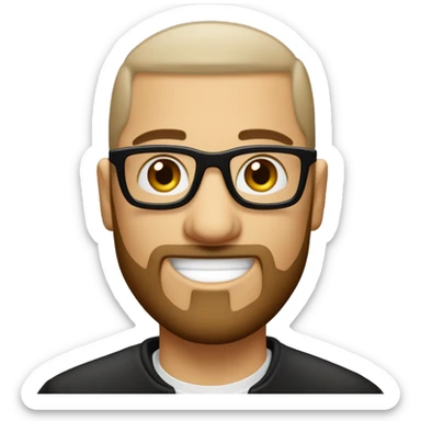 Un homme blanc avec une barbe noir rasé et des cheveux noir en buzz cut avec des yeux marron et des lunette fine et ronde qui travail sur un macbook sticker