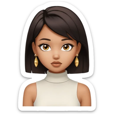 generate a pretty bratz girl in black cami top, dark brown straight short hair, eyeliner on. dark brown eyes. Wearing sleeveless white turtleneck, gold stud earrings sticker