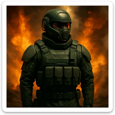 Add a sci-fi helmet to the man, keeping the dark green military fatigues and warzone background with explosions and flames. The style should maintain a realistic and intense warzone atmosphere with detailed explosions and flames in the background. sticker