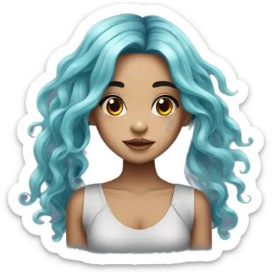 beautiful girl, with jellyfish tattoos, with long black hair, wavy hair, chinese, sticker