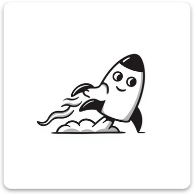 A hand-drawn toy rocket with a silly grinning face and flame trail sticker