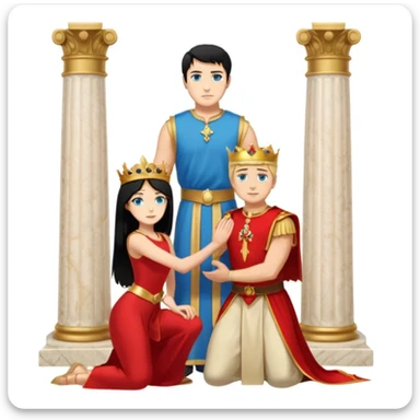 Man as king, black Hair, blue eyes, woman, blonde, green eyes, shott white sleveless Dress, kneeling, background palace sticker