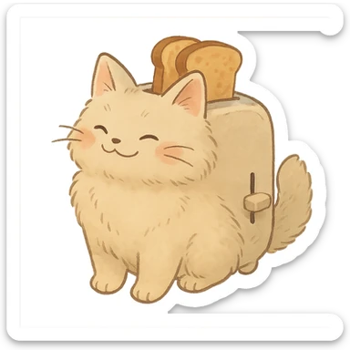 fluffy cat toaster, with two slices of toast popping out, smiling in soft pastel colors, full-body sticker