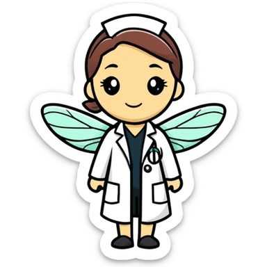 A cute female, ￼dragonfly that’s a scientist wearing a lab coat sticker