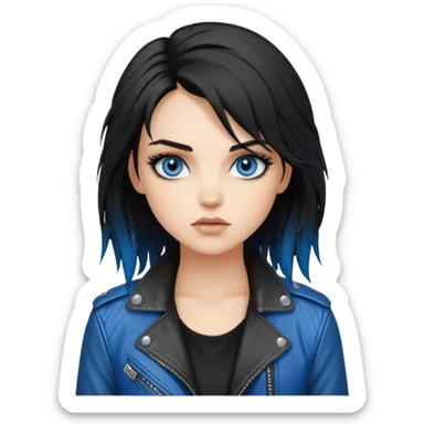 
 rockstar girl with black disheveled hair, blue eyes, Smokey eyes grunge makeup,  sticker