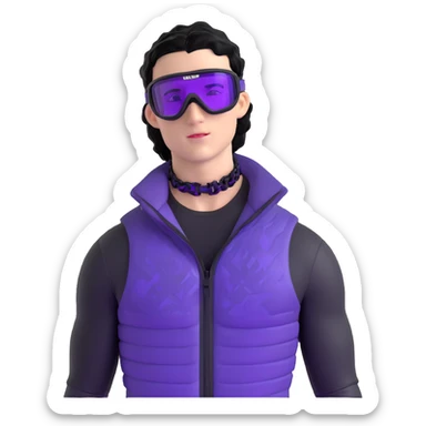male athlete with white skin and moderately curly black hair on top with shaved sides, wearing ski goggles with purple frames and very dark black lenses, a simple plain black chain necklace, and a completely unzipped shiny vest with purple and black sequin fire pattern design, fully revealing his chest and abs, no earrings sticker