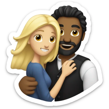 A man with black hair and a black beard hugging a blonde woman hair sticker