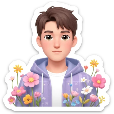 Gorgeous bright sparkly romantic anime style guy with blushing face and flowers aesthetic trending style outside sticker
