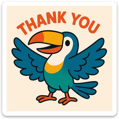 bright multicolored toucan wings open happily saying 'thank you', playful and friendly sticker