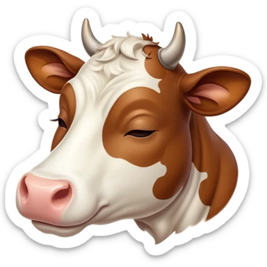 Meme-Worthy Cute Sleeping Brown and White Cow Portrait Emoji, Head resting peacefully with a contented smile, showcasing a robust build and a luxuriously soft patterned hide of brown and white, eyes shut in a serene, restful nap, Simplified yet hilariously adorable features, highly detailed, glowing with a soft, drowsy light, high shine, relaxed and utterly lovable, stylized with an air of playful laziness, bright and heartwarming, soft glowing outline, capturing the essence of a comically sleepy cow, so meme-worthy it feels like it could instantly become the next viral sensation of adorable slumber! sticker