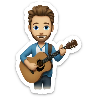 a white man with blue eyes man and brown hair an cardigan with a manbun playing guitar sticker