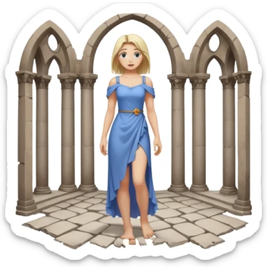 Female figure standing barefoot in ruined cathedral, dress slipping from shoulder sticker