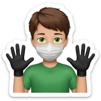 Chico de pelo marrón y ojos verdes, con un cubre boca, que tiene una camisa verde por encima de una remera blanca, y tiene un guante negro en una sola de las manos. Estilo animado sticker