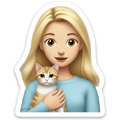 Blond chin lenght hair girl in a light blue sweater holding a tabby cat with white paws and face sticker