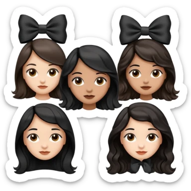 three girls with brown eyes, white and brown skin tones, first girl with completely black straight hair and a bow on her head, middle girl with black wavy hair and a bow, last girl with black voluminous loose waves and a bow, emoji style sticker
